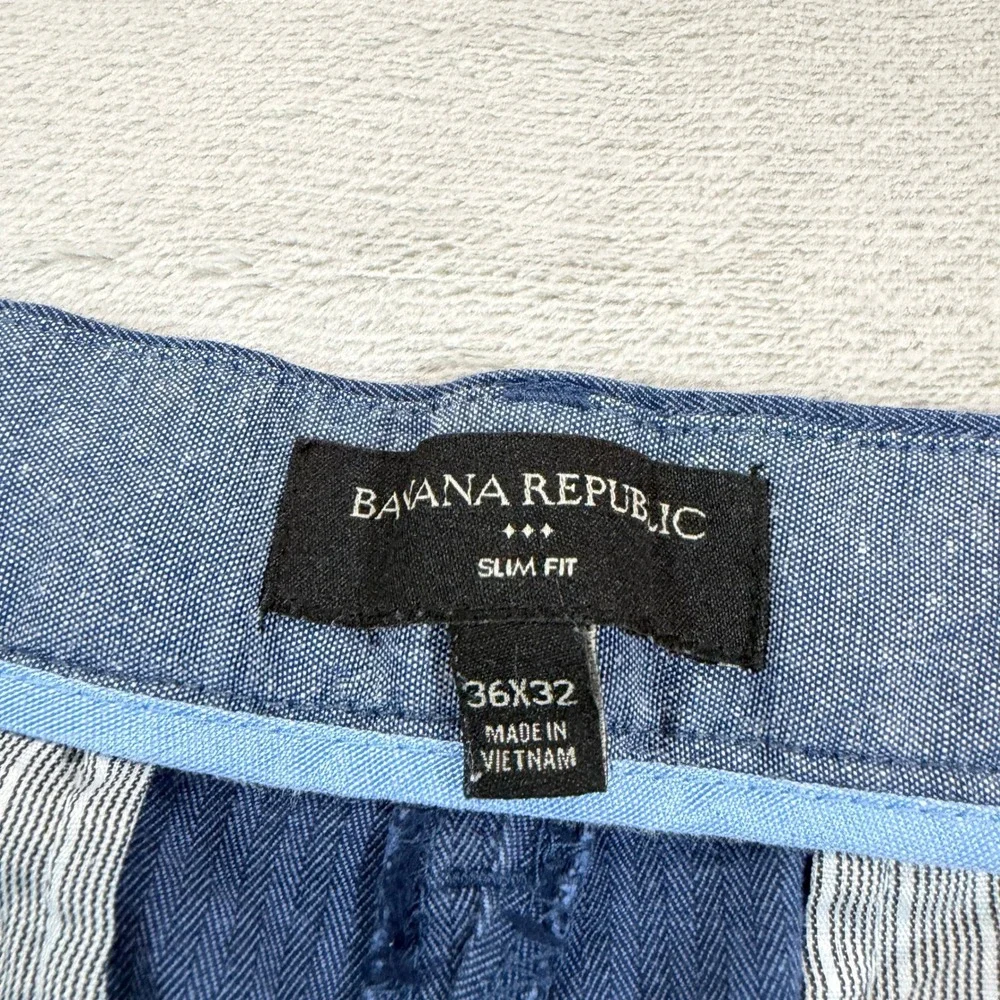Banana Republic Mens 36x32 Slim Fit Blue Herringbone Stretch Chino Pants Casual
